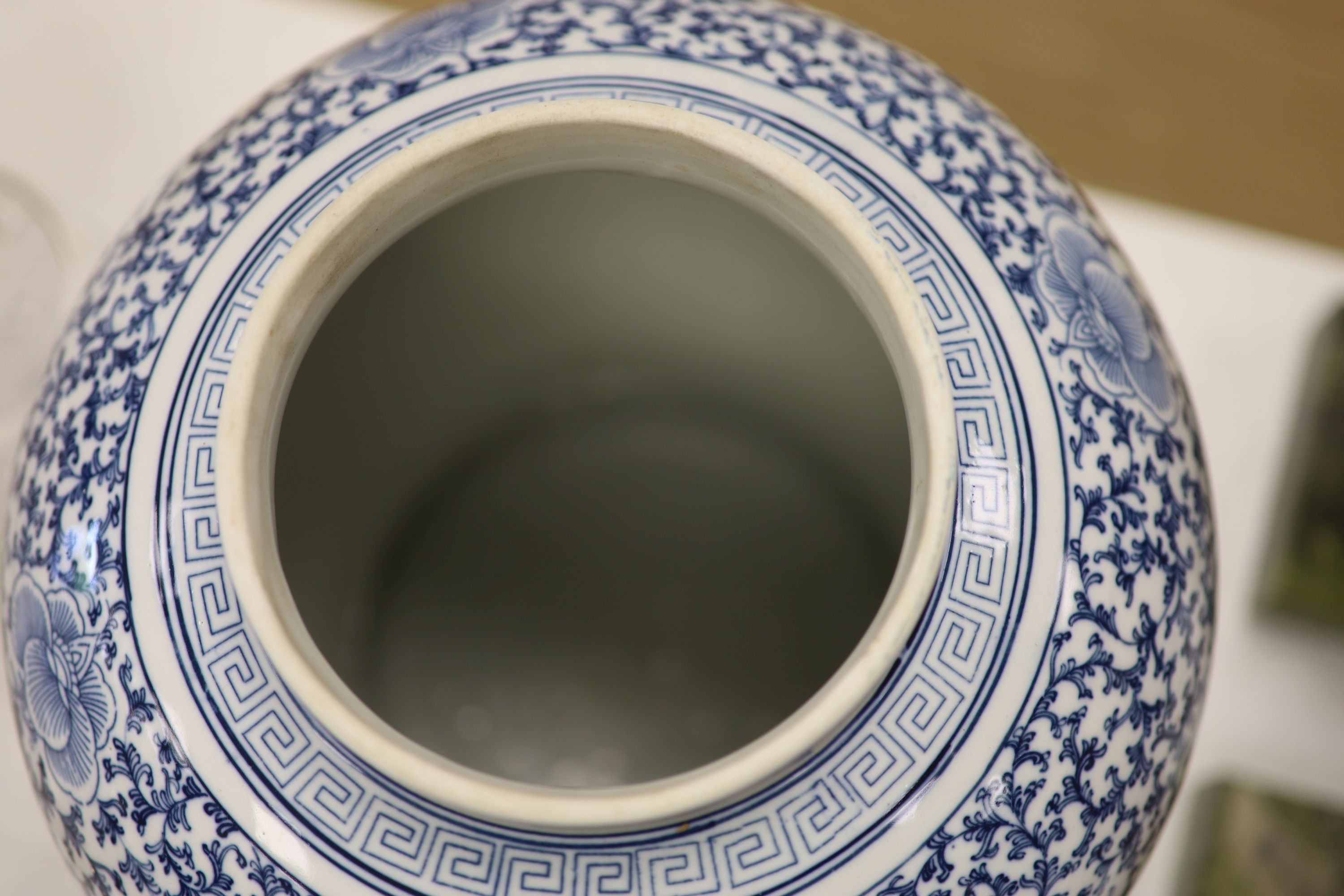 A large 20th century Chinese blue and white Shuangxi baluster vase and cover, height 32cm